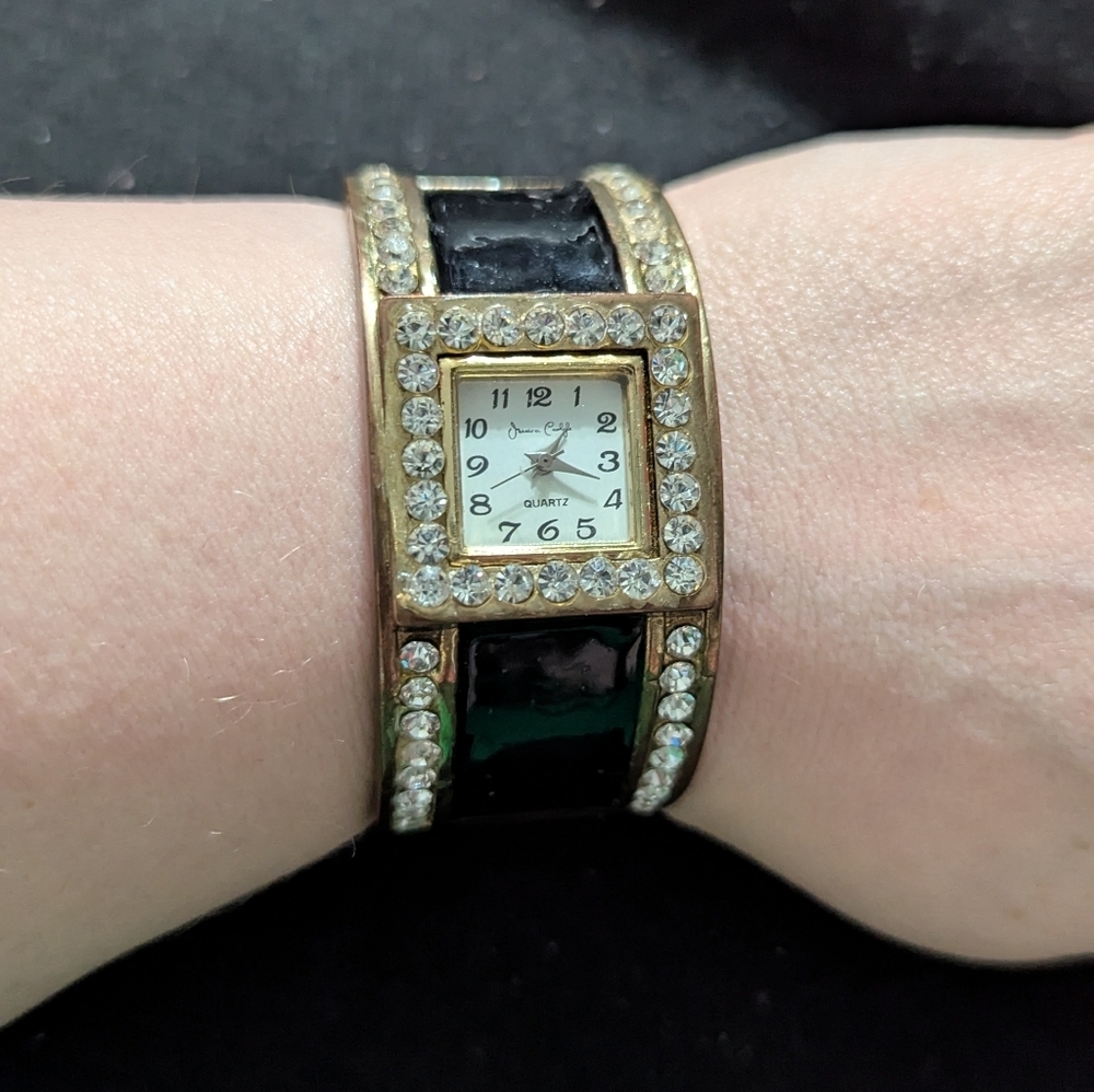 Jessica Carlyle Brass Tone Black Enamel Clear Rhinestone Hinged Cuff Watch